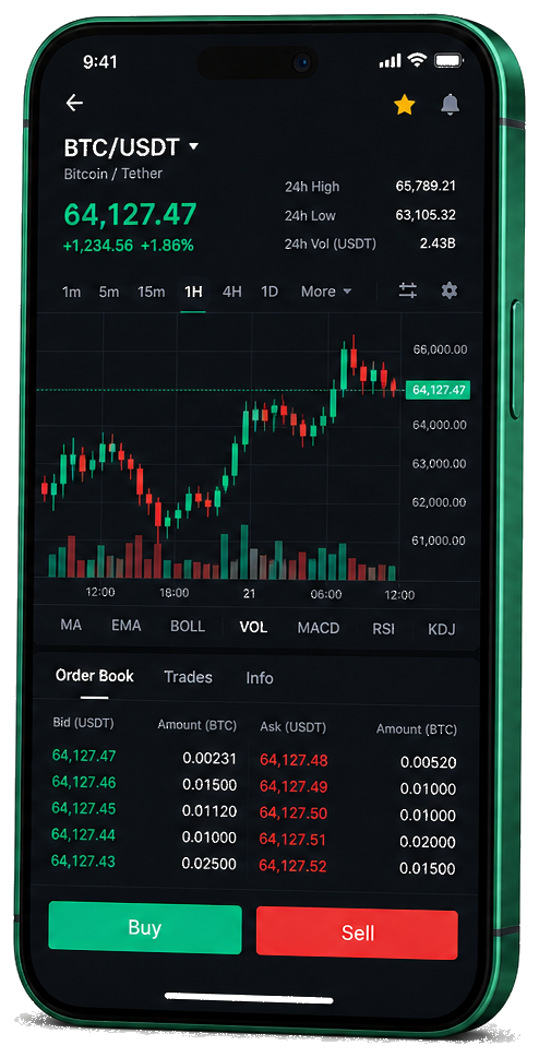 Atatürk AI mobil işlem ekranı — canlı BTC/USDT grafiği, emir defteri ve alım-satım paneli